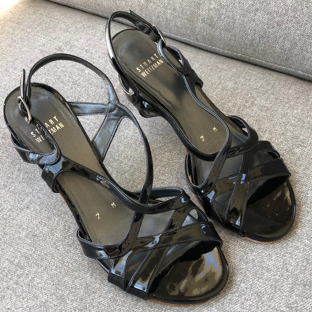 STUART WEITZMAN - Operetta Black Patent  Leather Heeled Sandals - Picture 3 of 12